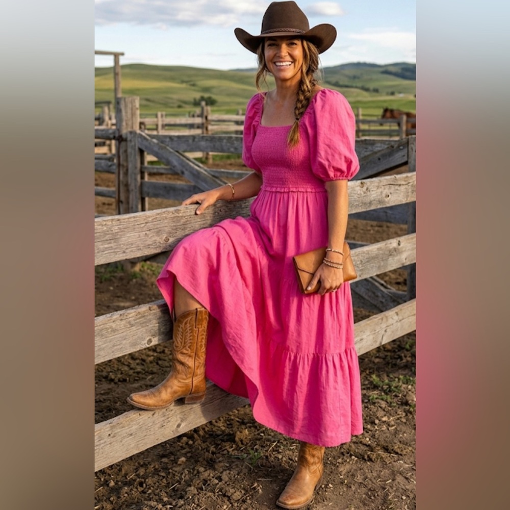XiRENA 100% Cotton Vibrant Pink Long Sleeve Dress